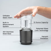Hand holding the Elevated Craft Hybrid cocktail glass insert above the gunmetal black finish steel base