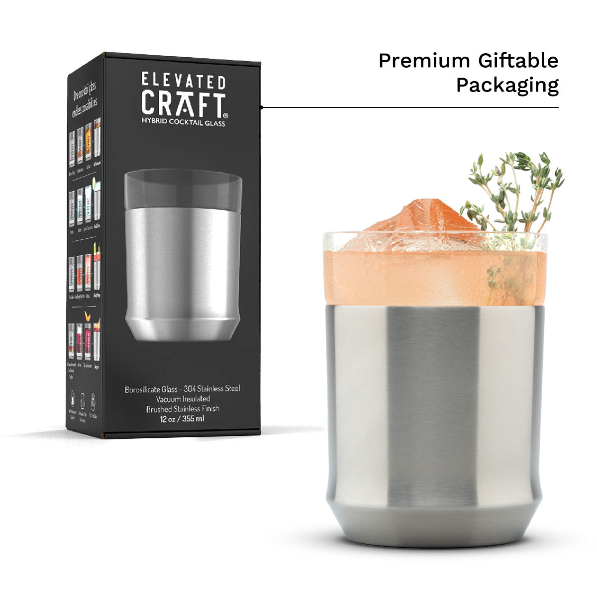 The brushed stainless finish Elevated Craft Hybrid Cocktail Glass in the foreground and the premium giftable packaging in the background