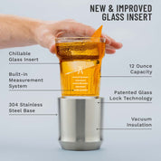 Hand holding the Elevated Craft Hybrid cocktail glass insert above the stainless steel base