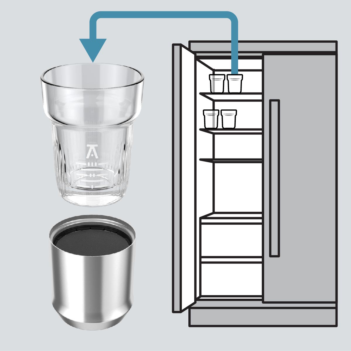 Illustration showing that the glass insert of the Hybrid Cocktail Glass can be put into the freezer to chill