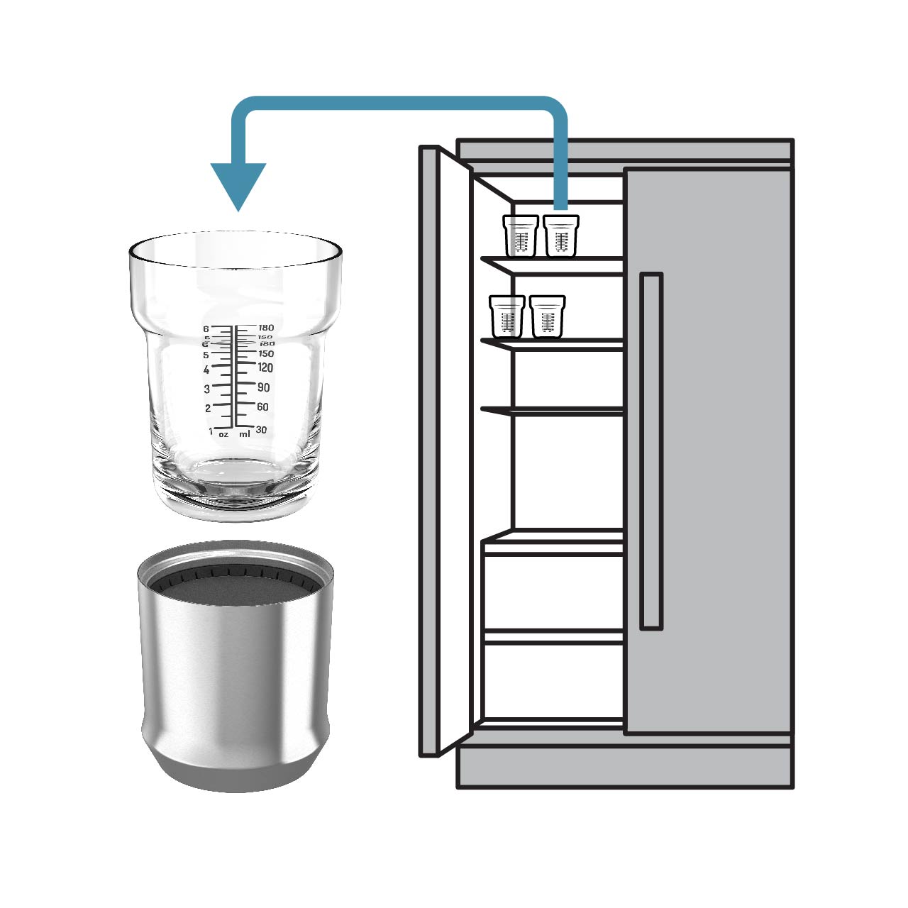 Illustration showing that the glass insert of the Hybrid Cocktail Glass can be put into the freezer to chill