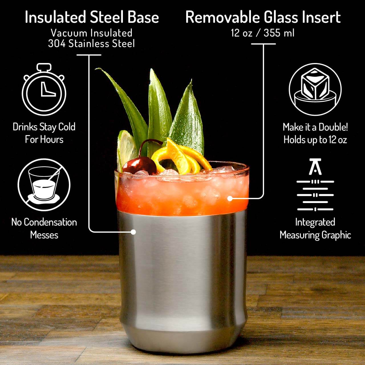 Stainless steel tumbler with removable glass insert, featuring text on its features.