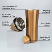 Elevated Craft Brushed Copper Hybrid Cocktail Shaker split up with feature callouts