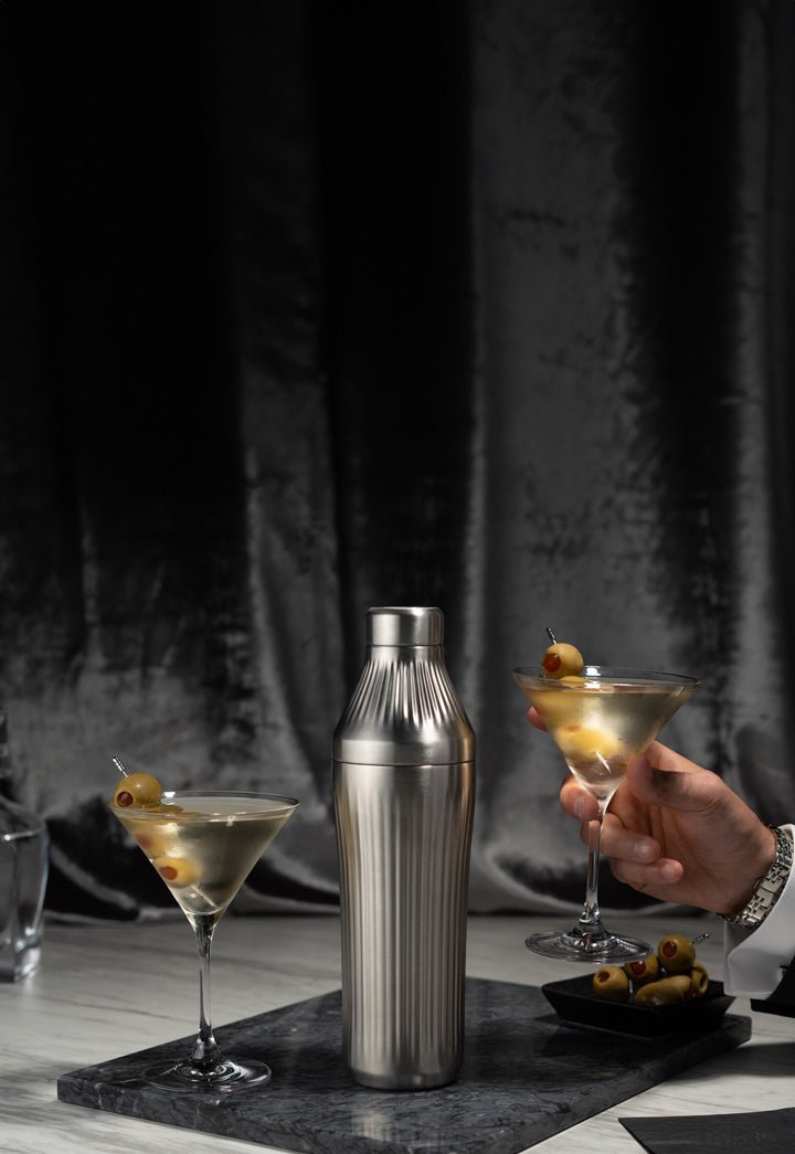 Man in suit holding up a dirty martini next to the Elevated Craft Stainless Steel Hybrid Cocktail Shaker