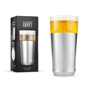 Brushed Stainless Steel Hybrid Pint Glass in foreground with premium giftable packaging in background
