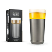 Brushed Stainless Steel Hybrid Pint Glass in foreground with premium giftable packaging in background
