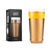Brushed copper finish Elevated Craft Hybrid Pint Glass in foreground with premium giftable packaging in background