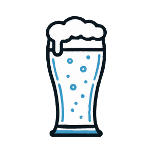 A simple line-art illustration of a tall frothy beer glass on a solid black background.