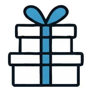 A simple line-art illustration of a stacked gift box with a blue ribbon and bow on a white background.
