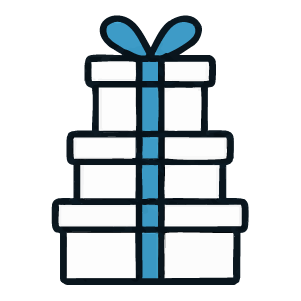 A simple line-art illustration of a stacked gift box with a blue ribbon and bow on a white background.