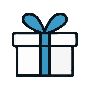A simple line-art style gift box icon with a blue ribbon and bow on a white background.