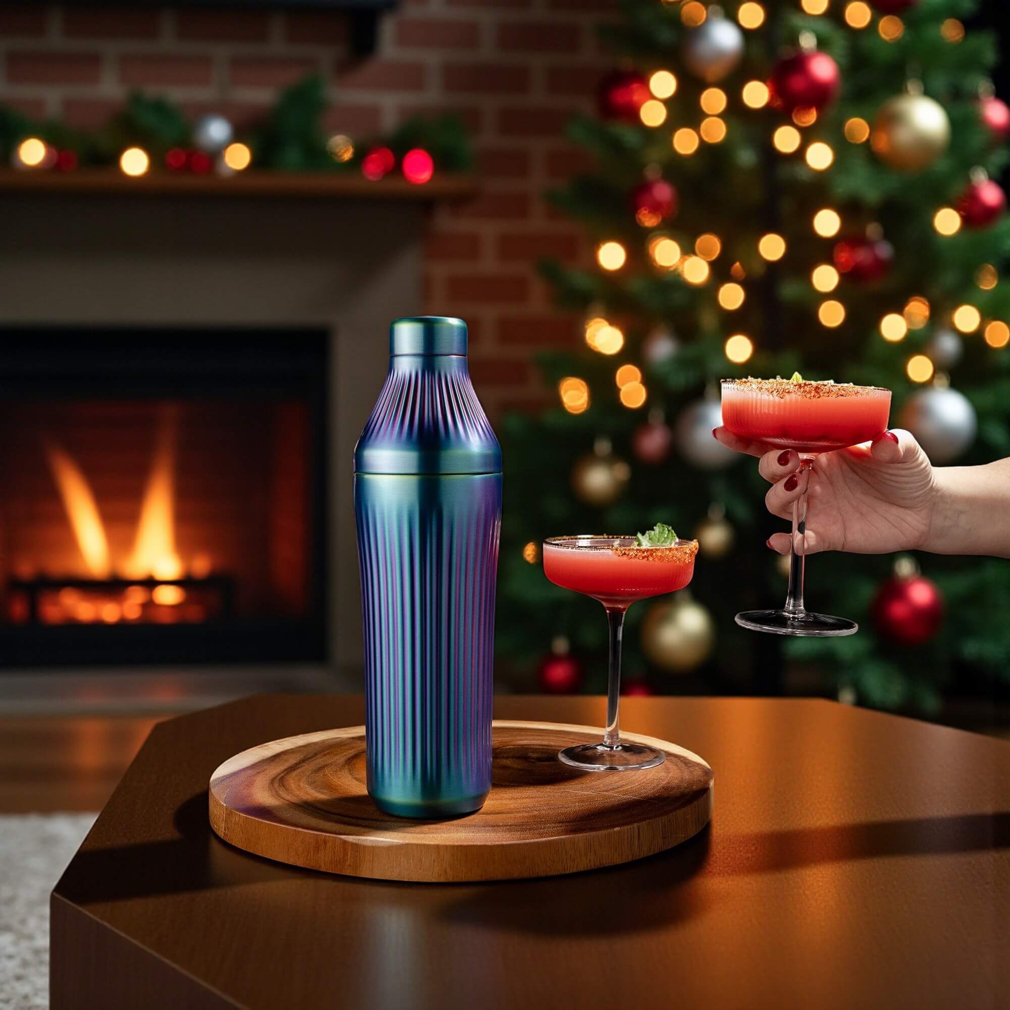 Iridescent cocktail shaker  on a wooden coaster with two cocktails in front of a Christmas tree and fireplace.