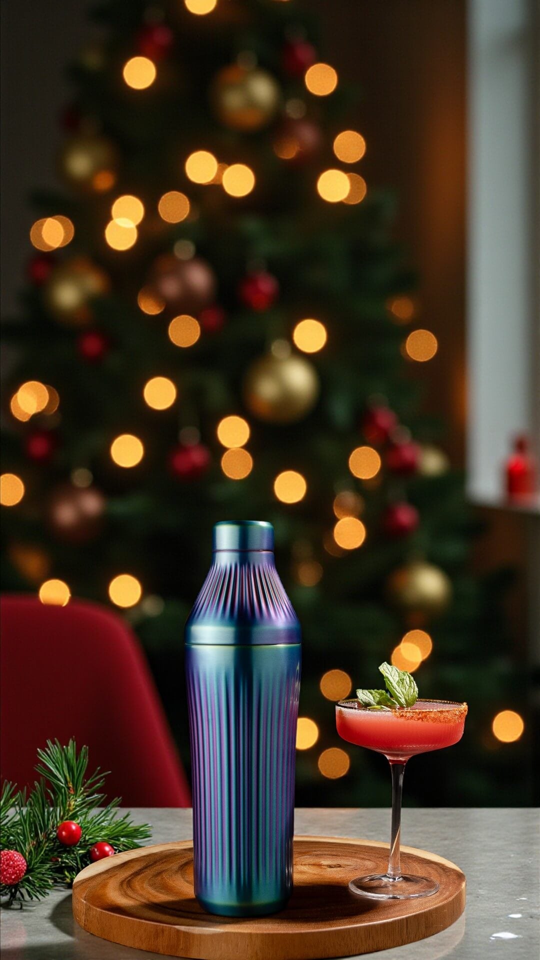Blue cocktail shaker on a wooden tray with a festive Christmas tree in the background