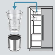 Glass container and metal canister with a refrigerator illustration on a light gray background