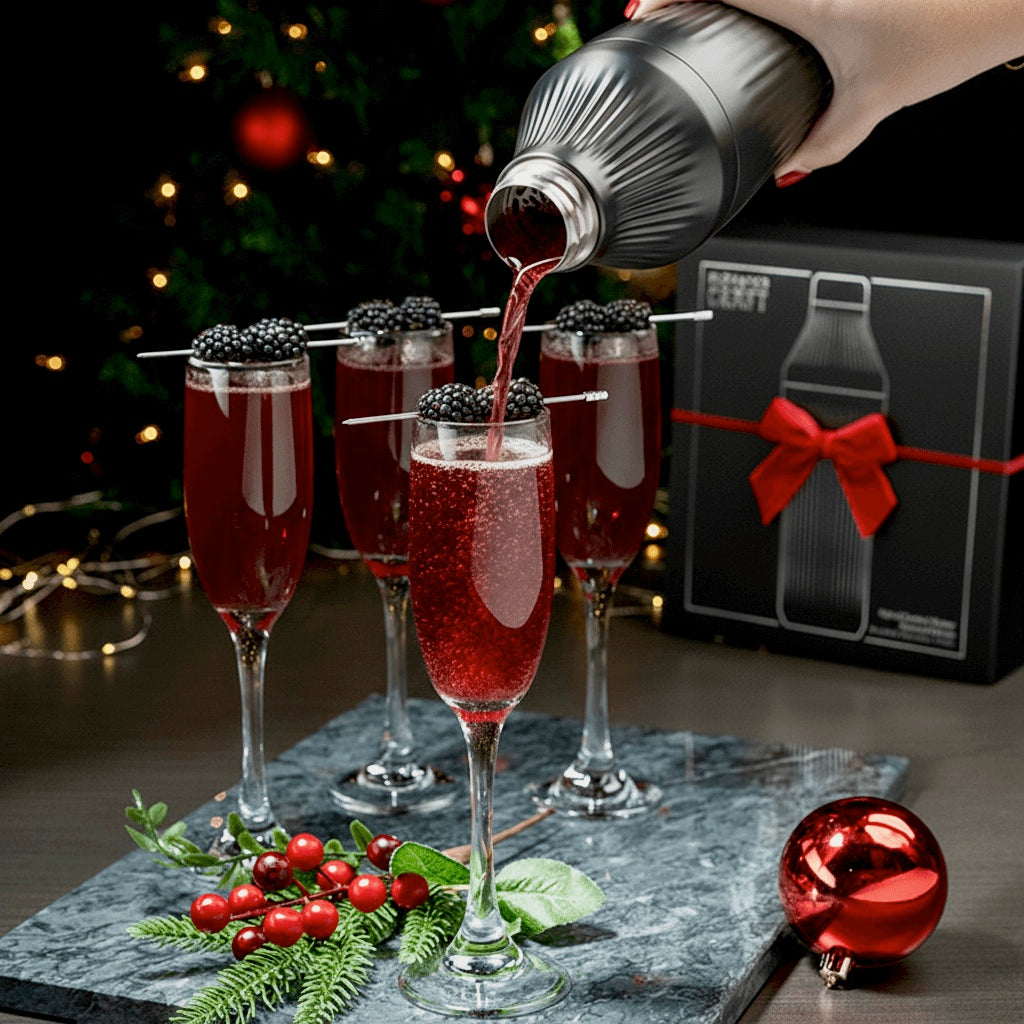 Person pouring a red cocktail into glasses with blackberries, Christmas decorations in the background.