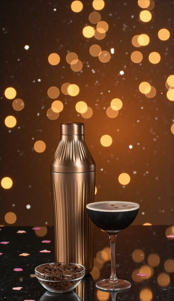 Cocktail shaker and glass with dark liquid on a reflective surface with blurred lights in the background