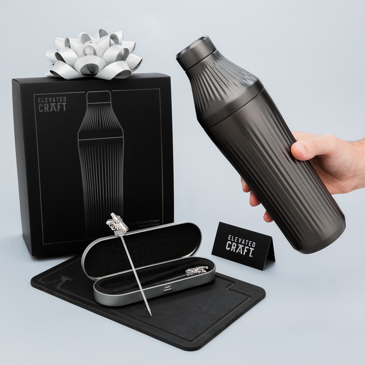 Gunmetal Black cocktail shaker bottle with accessories and 'Elevated Craft' branding on a light gray background