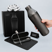 Gunmetal Black cocktail shaker bottle with accessories and 'Elevated Craft' branding on a light gray background