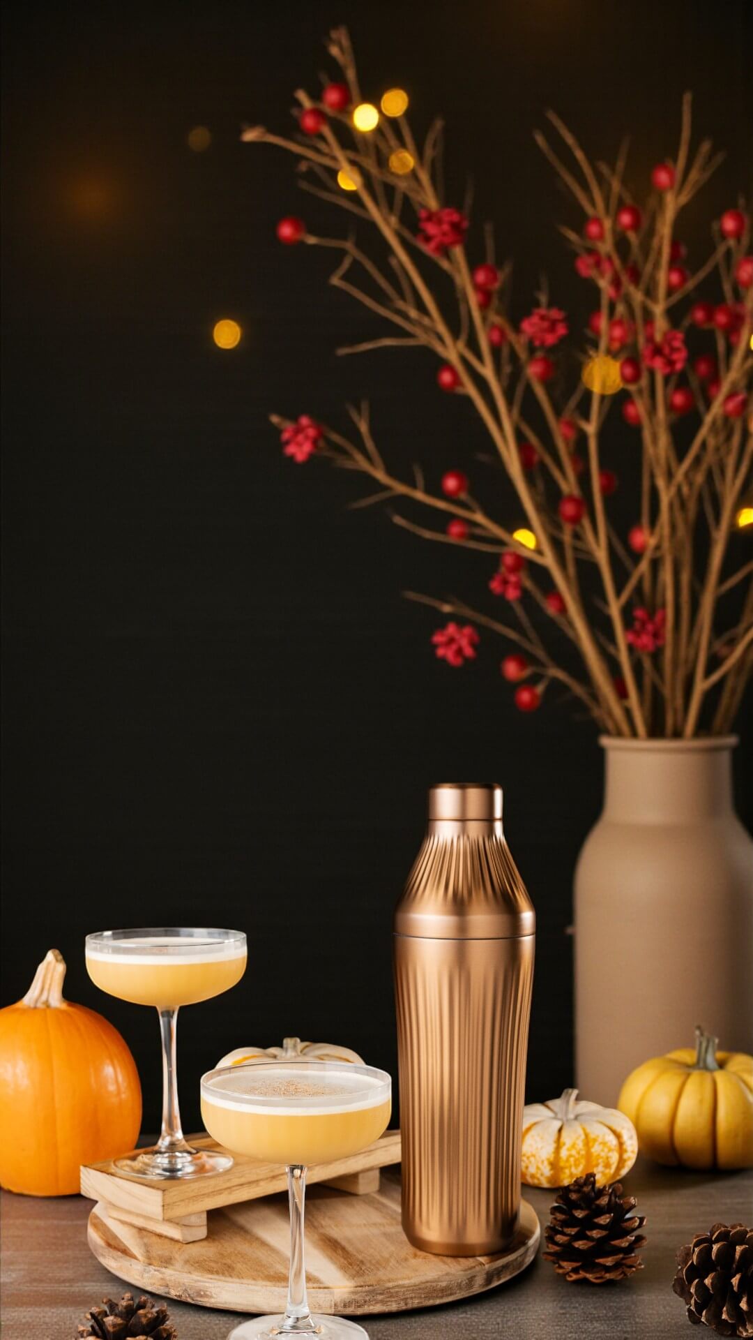 A cocktail shaker surrounded by two cocktails in glasses with pumpkins and fall decorations