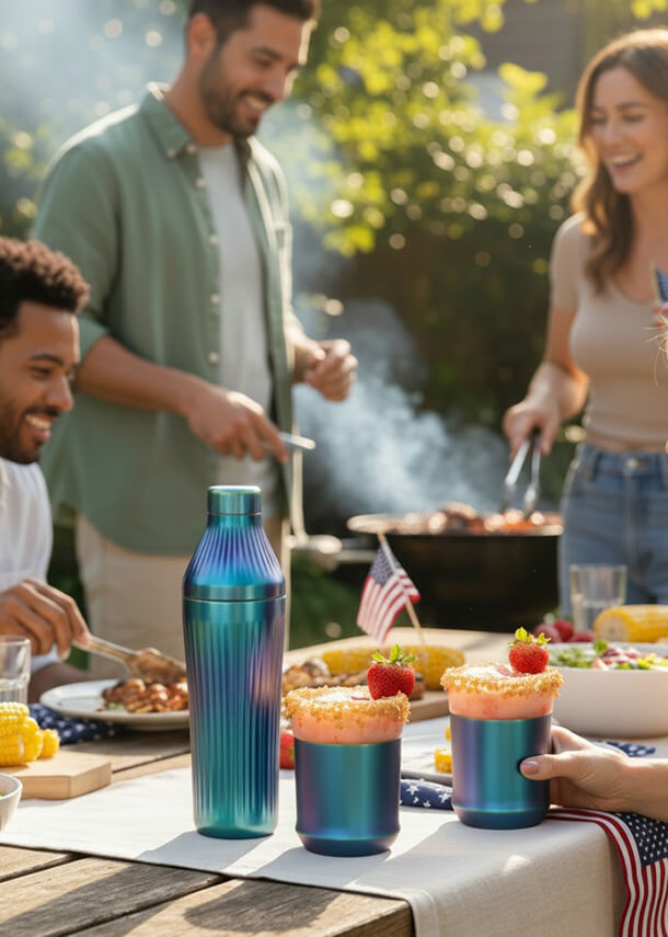 Cocktail shaker and glasses on a table during a Memorial Day BBQ 