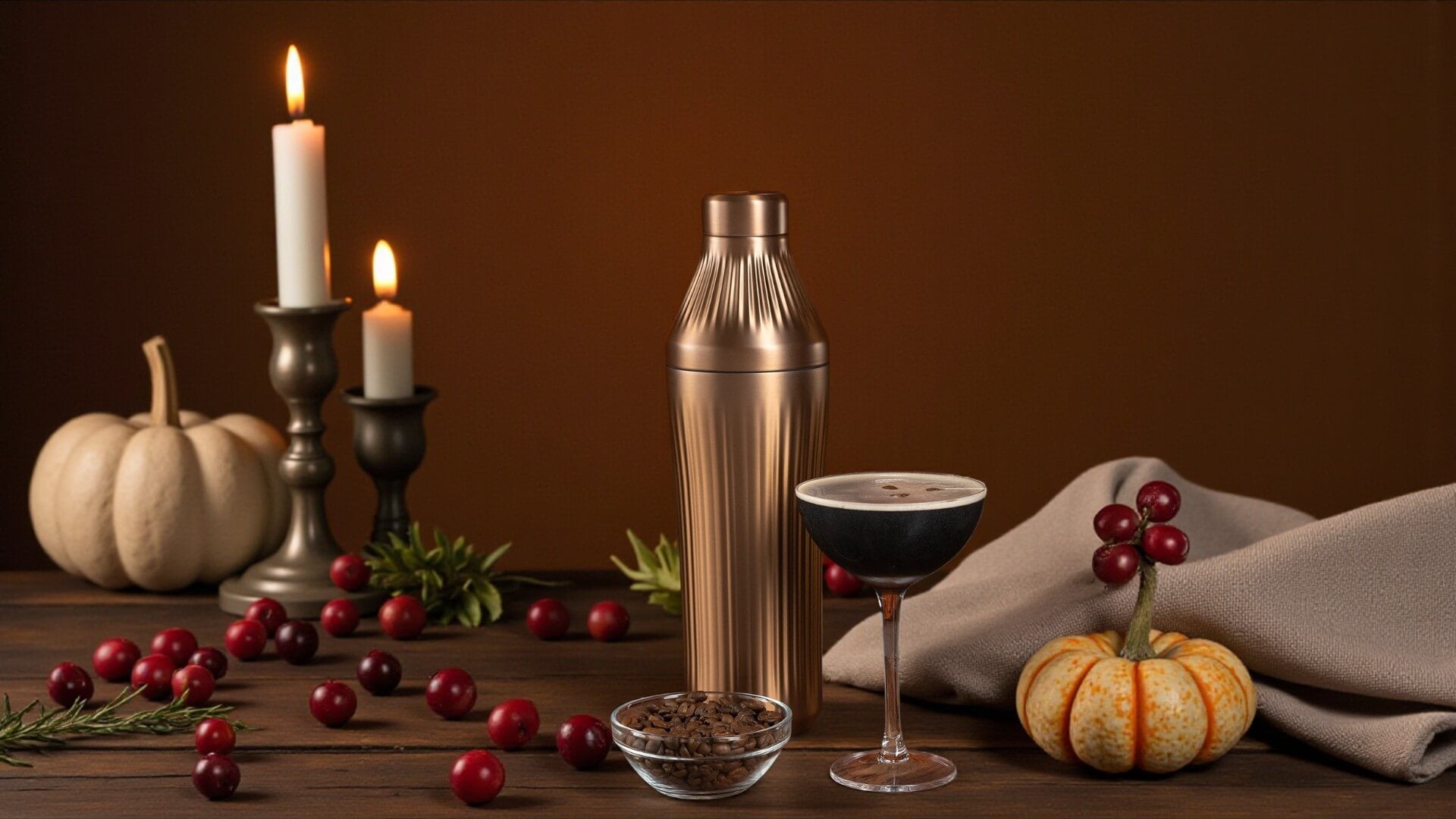 Copper Cocktail shaker next to an espresso martini on a table surrounded by fall decorations