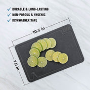 photo of the elevated craft wood fiber garnish board on white marble showing dimensions on the image of 7 x 10.5 inches