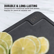 photo of the elevated craft wood fiber garnish board on white marble showing the logo engraved