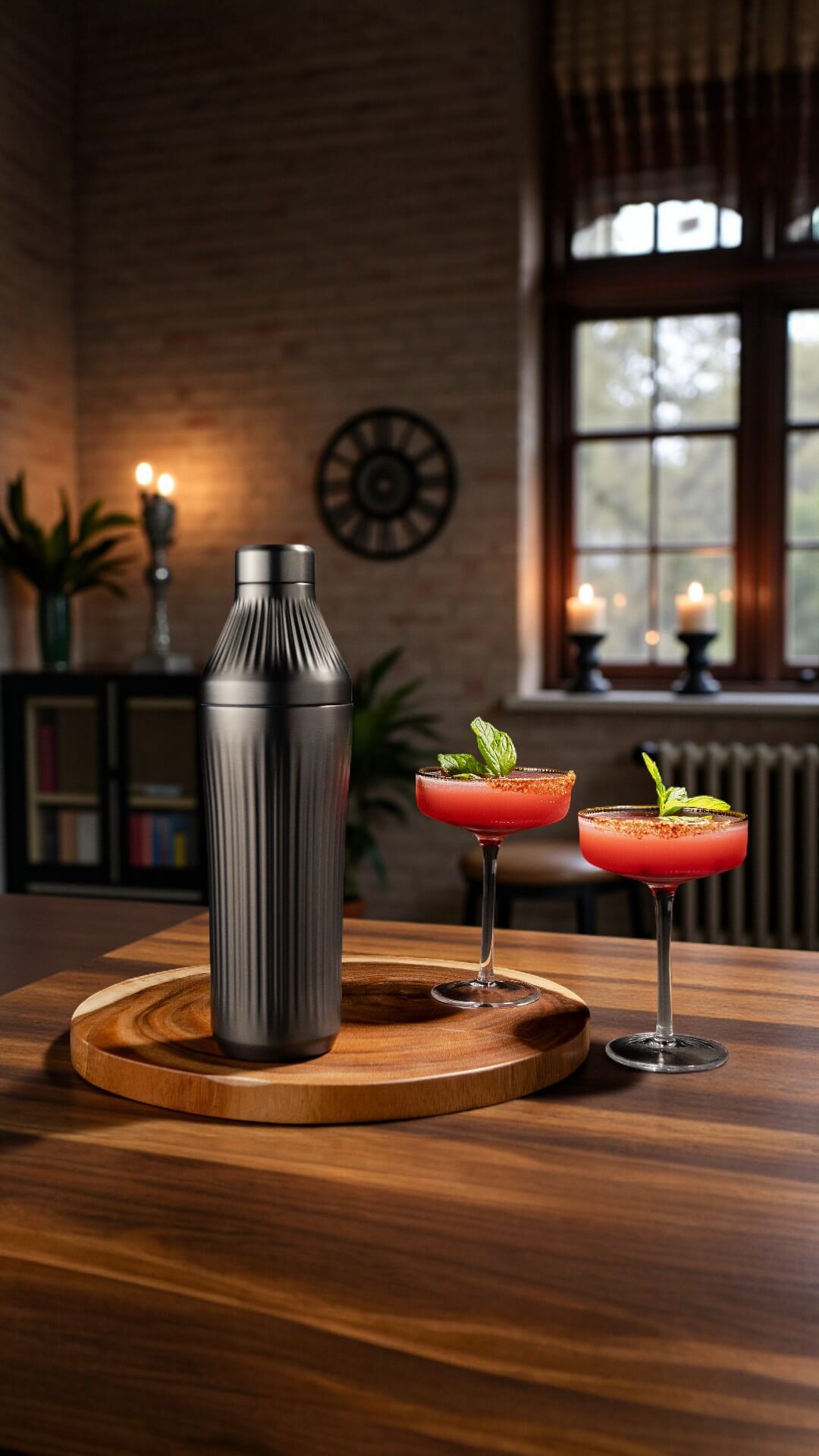 Metal cocktail shaker on a wooden tray with two cocktails on a table in a cozy room.
