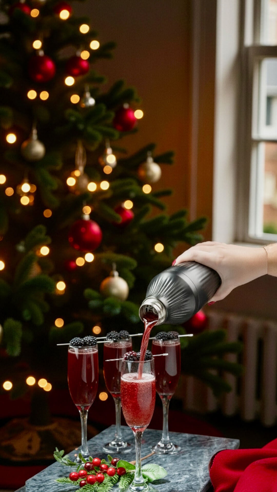 A cocktail shaker pouring four glasses of cocktails with Christmas elements in the background