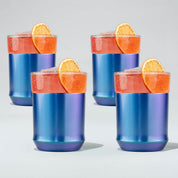 Four blue and purple tumblers with orange slices on a light gray background