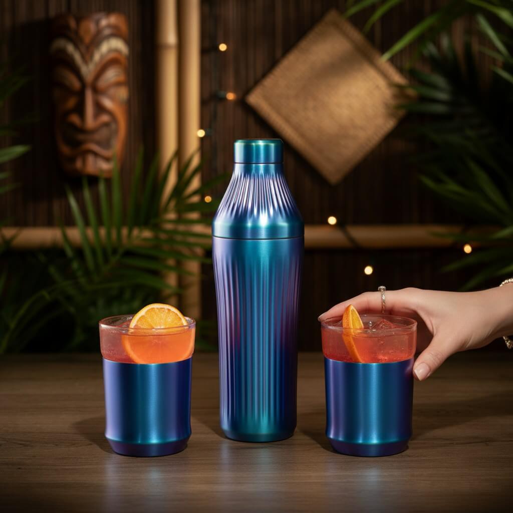 Cocktail shaker sitting next to two hybrid rocks glasses with drinks in them