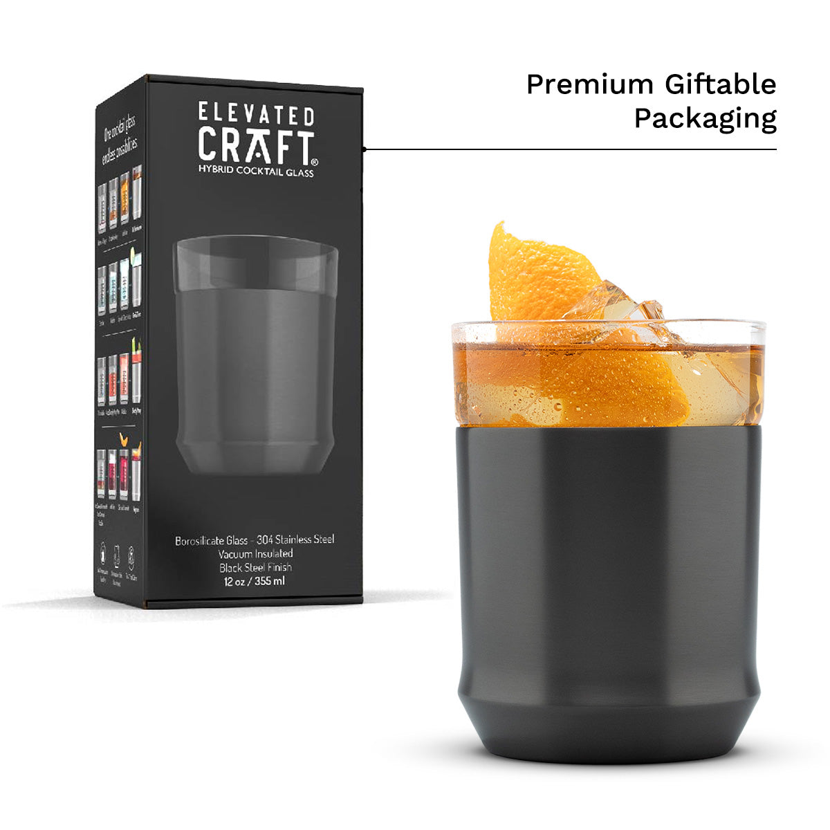 The gunmetal black finish Elevated Craft Hybrid Cocktail Glass in the foreground and the premium giftable packaging in the background