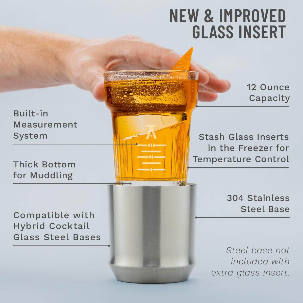 Glass insert with a hand holding it, filled with a cocktail, on a light gray background with text detailing features.