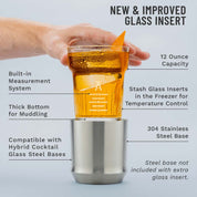 Glass insert with a hand holding it, filled with a cocktail, on a light gray background with text detailing features.