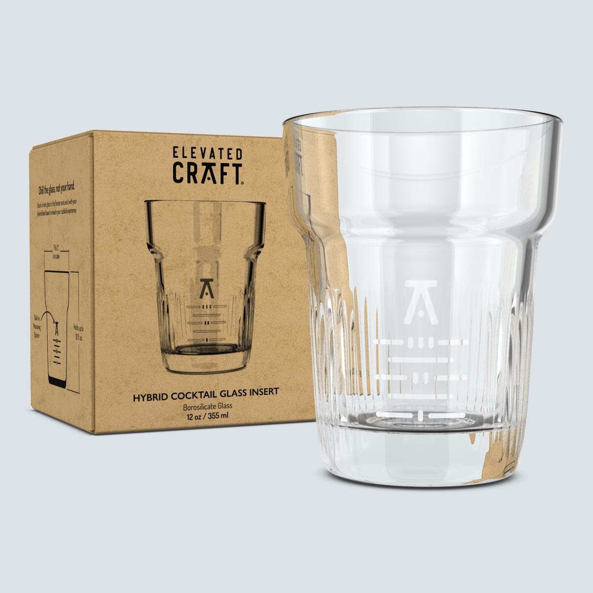 Clear cocktail glass with 'Elevated Craft' packaging on a light gray background