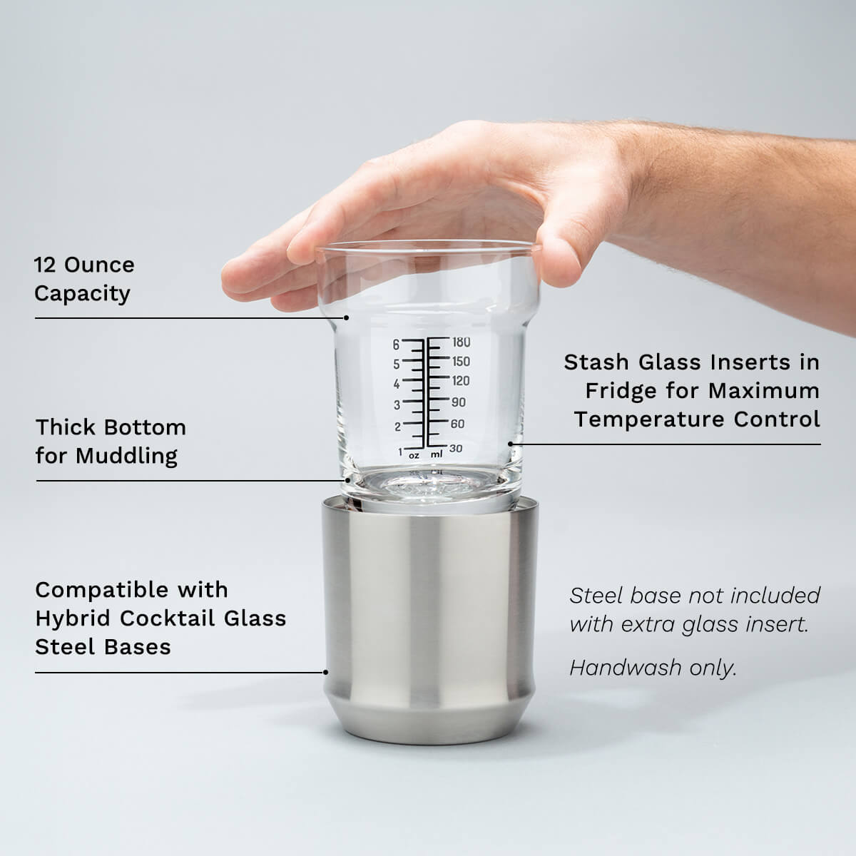 Hand holding Elevated Craft Hybrid Cocktail Glass insert with feature callouts