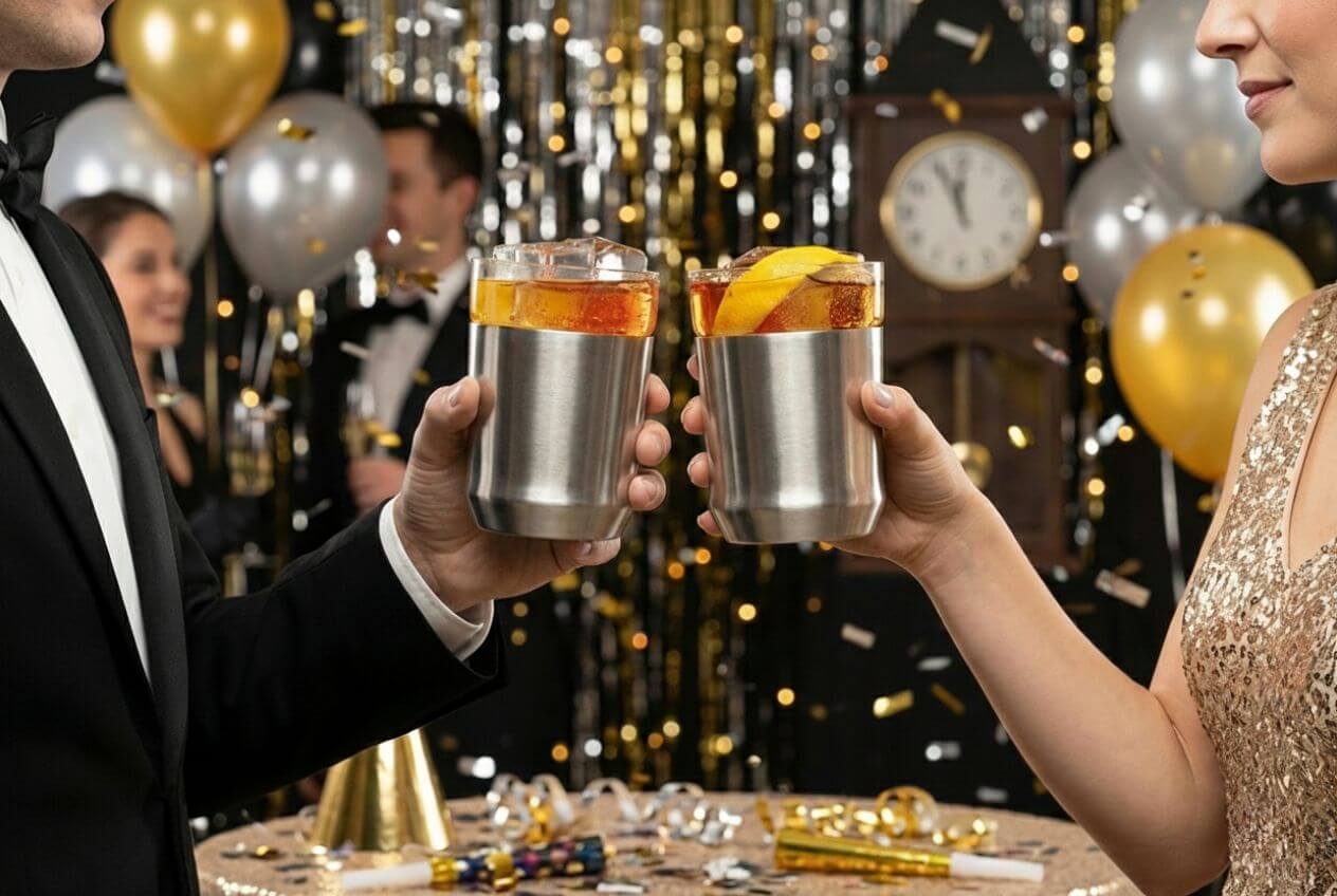Two people clinking silver cups with drinks against a festive background with balloons and decorations.