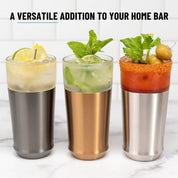 3 finishes of the Elevated Craft Hybrid Pint Glass filled with various cocktails