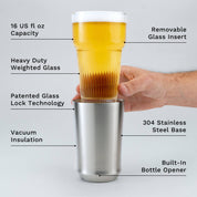 Hand holding glass insert of Elevated Craft Brushed Stainless Hybrid Pint Glass above the steel base with feature callouts