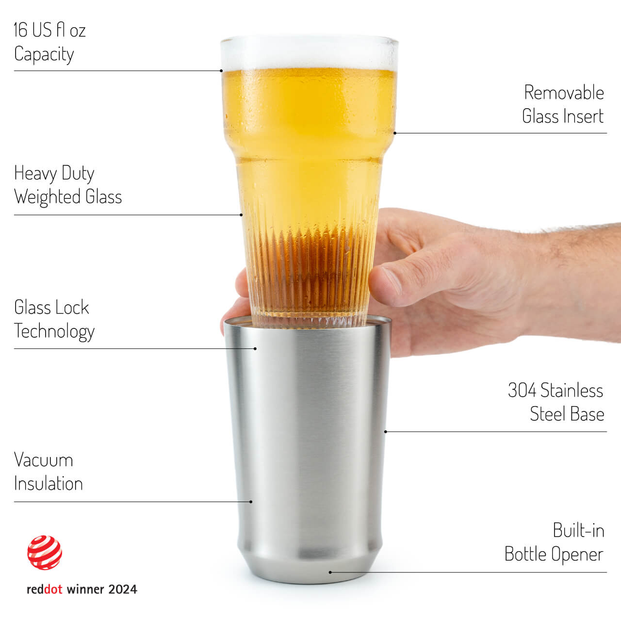 A hand holding the Elevated Craft Hybrid Pint Glass insert above the steel base in the brushed stainless finish with the 2024 red dot design award badge in the bottom left corner of the image