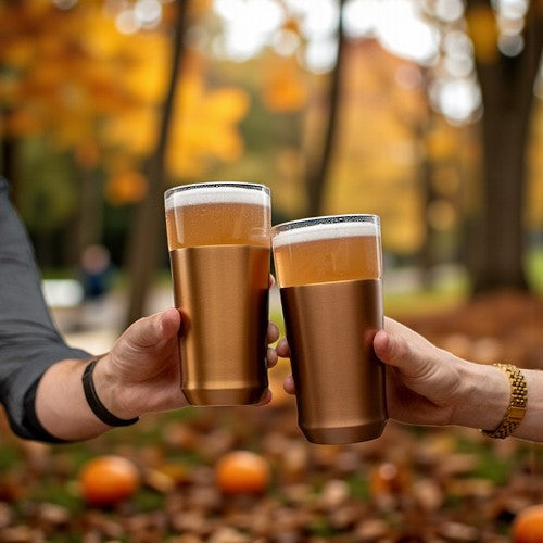 Two people cheersing beer in pint glasses with a fall day in the background