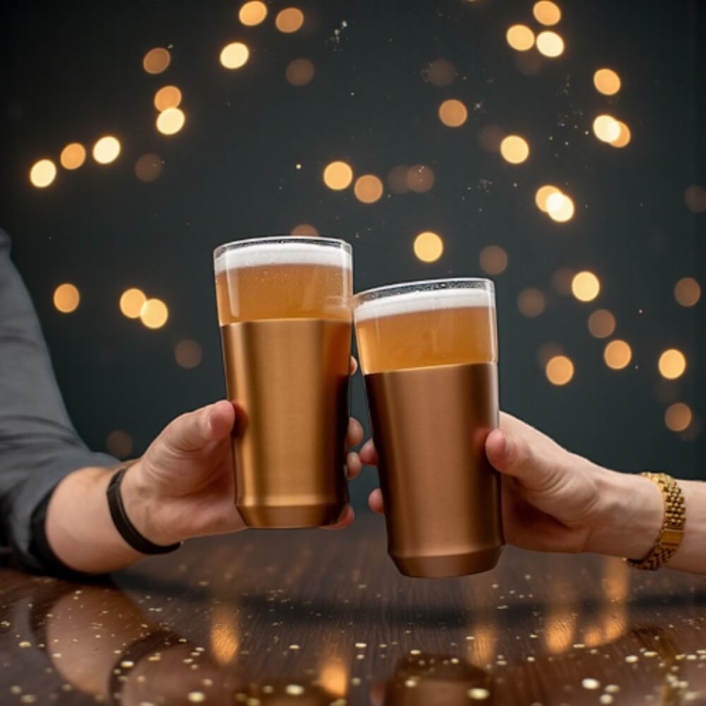 Two hands clinking copper cups filled with beer against a dark background with bokeh lights.