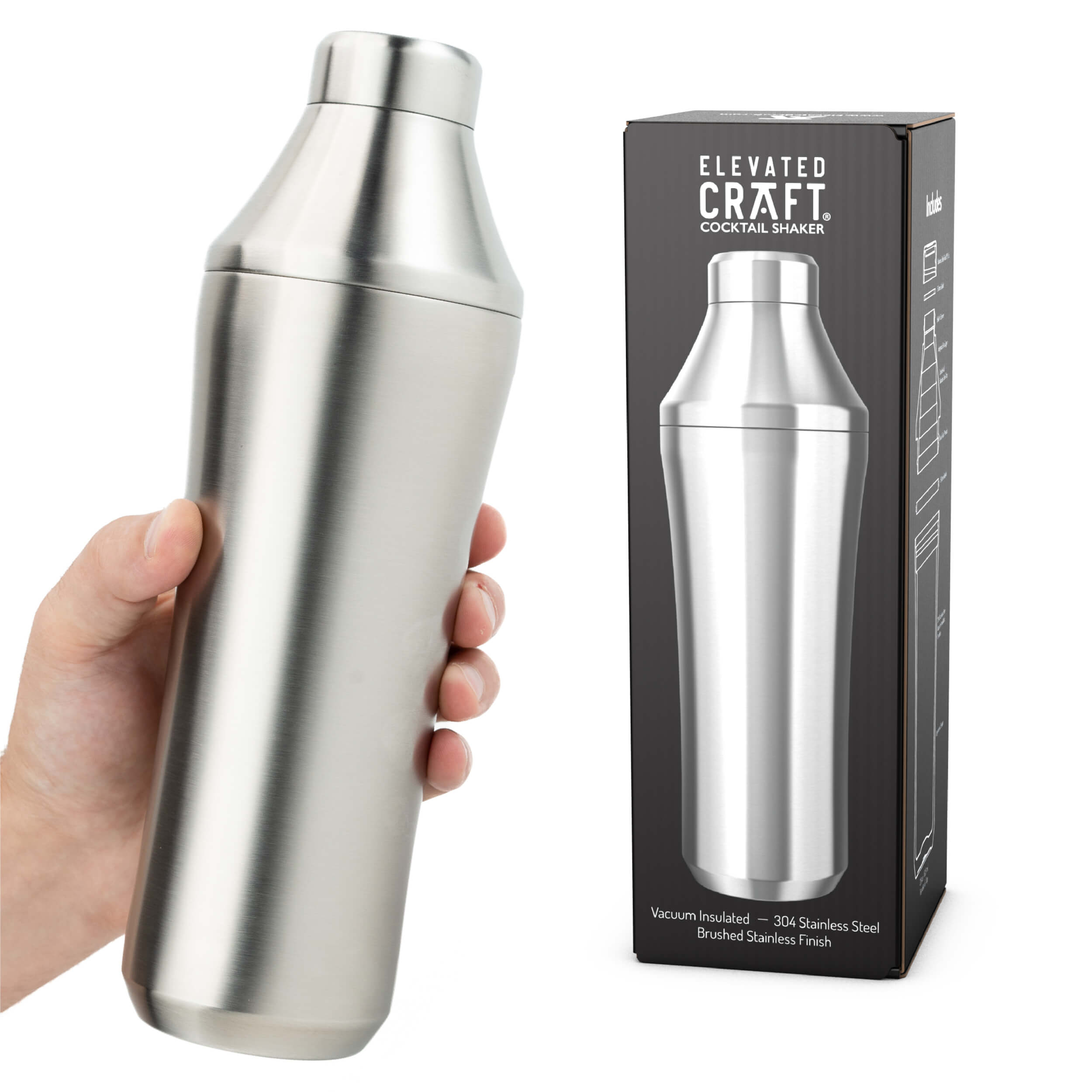 Stainless Steel Elevated Craft Hybrid Cocktail Shaker with packaging