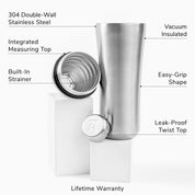 Stainless Steel Elevated Craft Hybrid Cocktail Shaker split into parts showcasing measuring top, lid, and tumbler