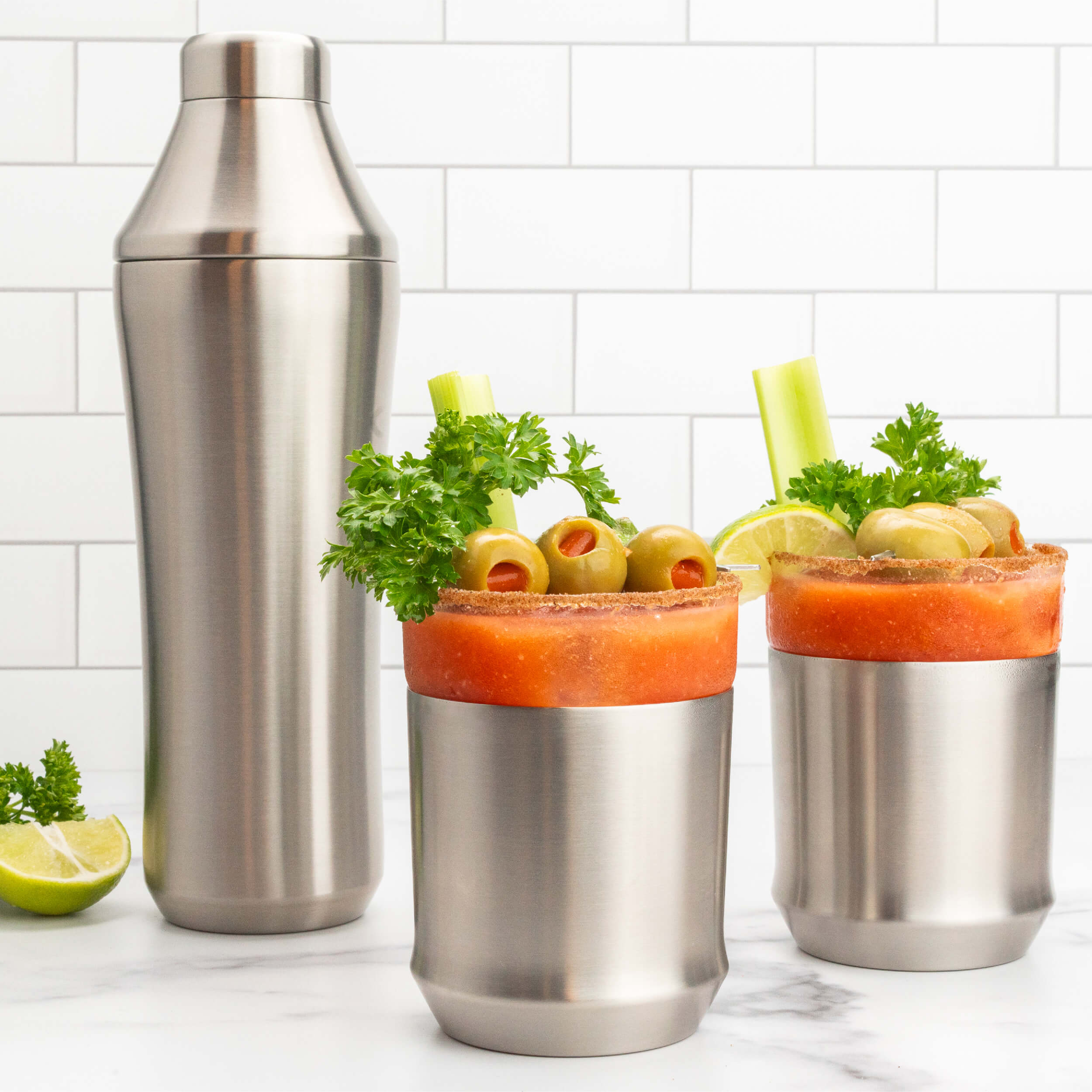 Stainless Steel Elevated Craft Hybrid Cocktail Shaker with two Hybrid Cocktail Glasses filled with Bloody Mary