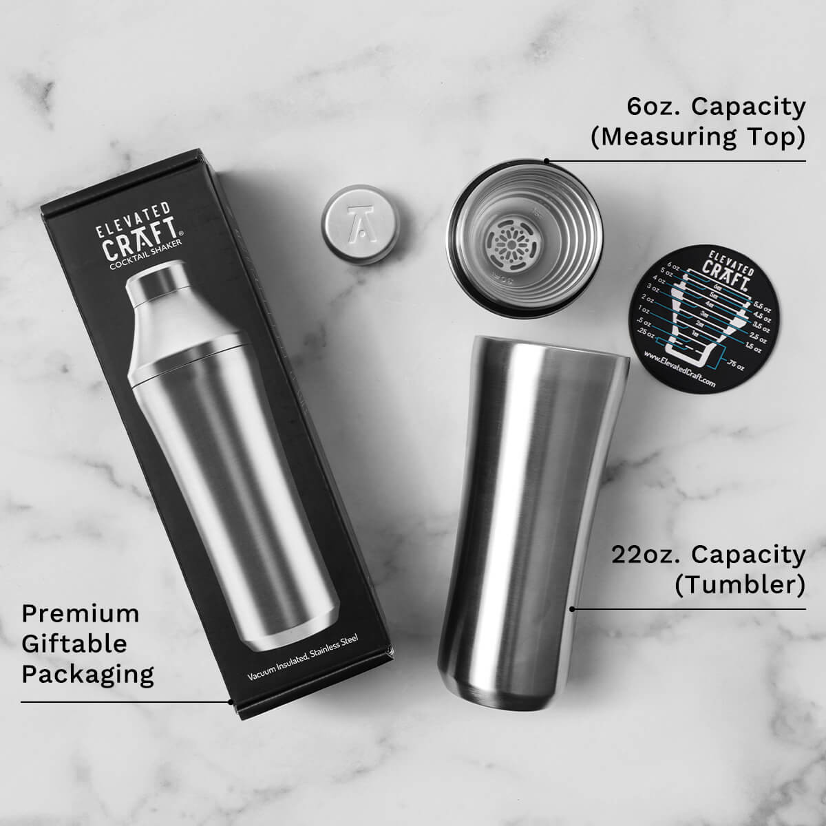 Layflat view of Stainless Steel Elevated Craft Hybrid Cocktail Shaker parts with packaging