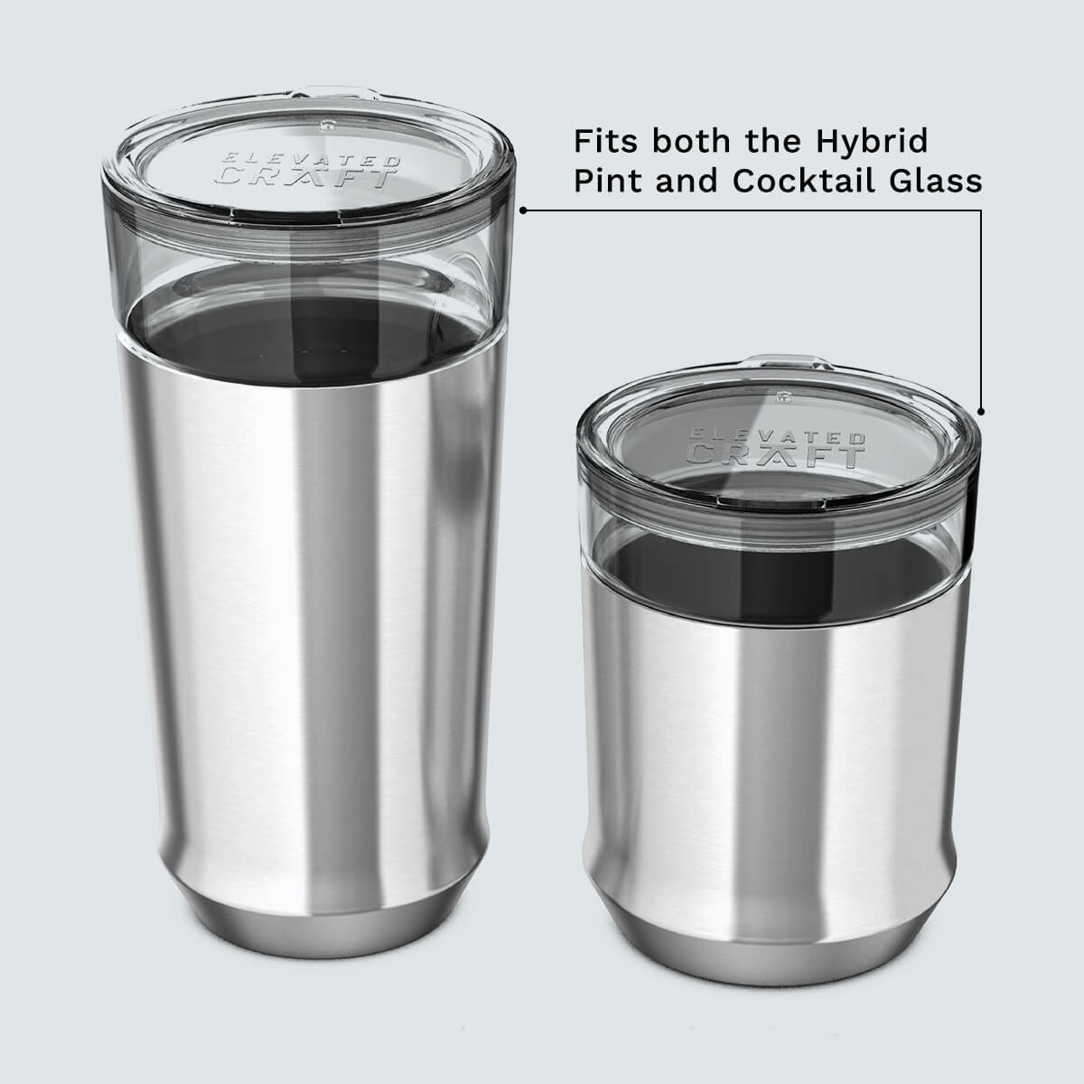 Elevated Craft Hybrid Drinkware Lid with callouts that it fits both the Hybrid Pint and Cocktail Glass