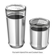 Elevated Craft Hybrid Drinkware Lid with callouts that it fits both the Hybrid Pint and Cocktail Glass