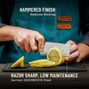 Person using a knife to slice lemons on a cutting board with text about the knife's features.