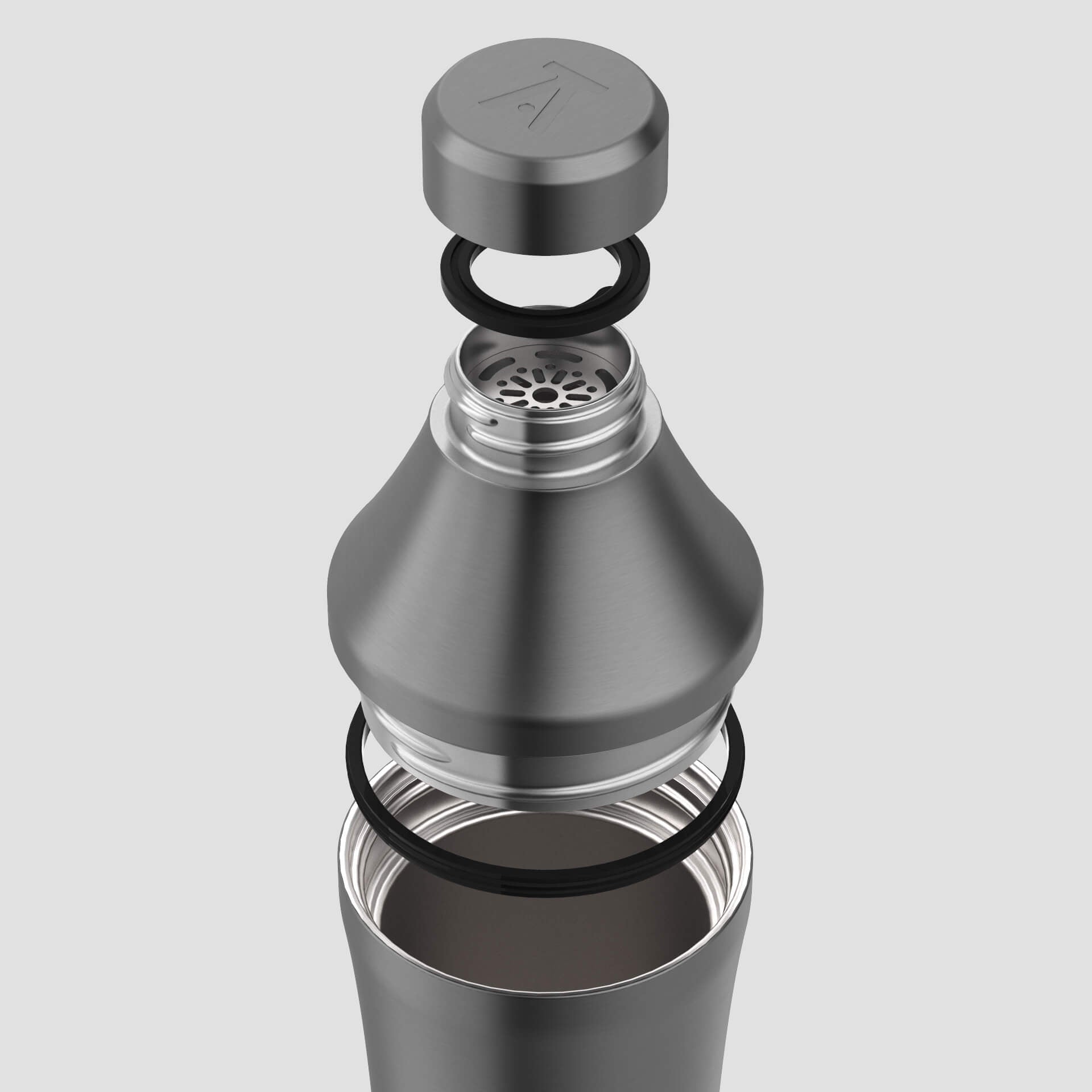 Exploded view of Gunmetal Black Elevated Craft Hybrid Cocktail Shaker showcasing lid, gaskets, measuring top, and tumbler